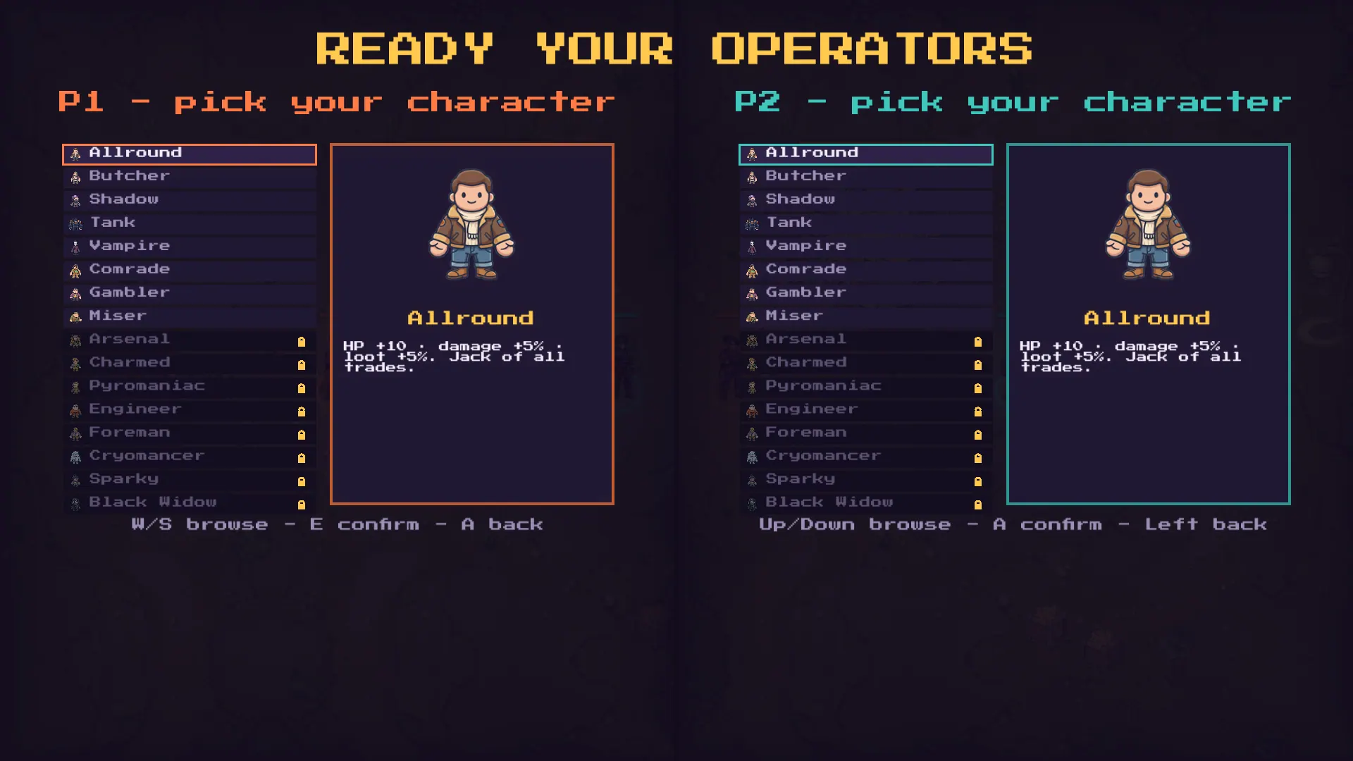 READY YOUR OPERATORS: side-by-side P1 and P2 character select listing all 16 operators (the last eight padlocked), with both previewing Allround ('HP +10, damage +5%, loot +5%. Jack of all trades.').