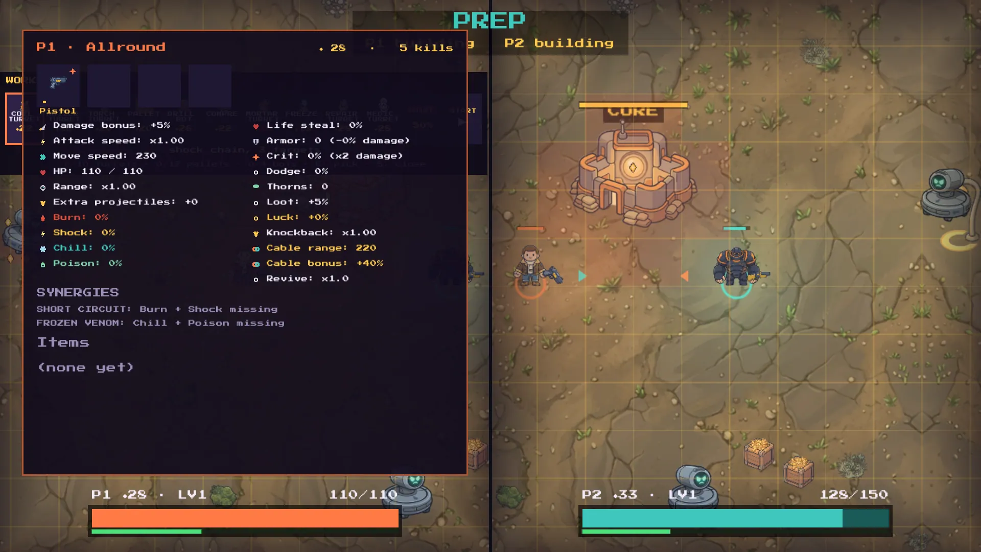 P1's stat panel during prep: damage, attack speed, burn/shock/chill/poison, cable range 220 and cable bonus +40%, plus the SHORT CIRCUIT and FROZEN VENOM synergies; P2 stands by the Core on the right.