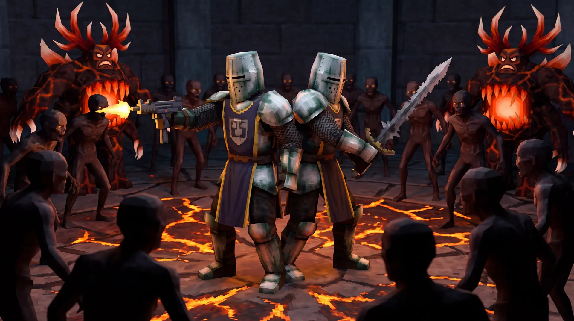 Two knights in steel great helms and dark-blue tabards stand back to back on a cracked lava floor, one firing an SMG and one raising a serrated sword, ringed by shadowy dungeon creatures and two horned lava demons with glowing, tooth-lined maws.